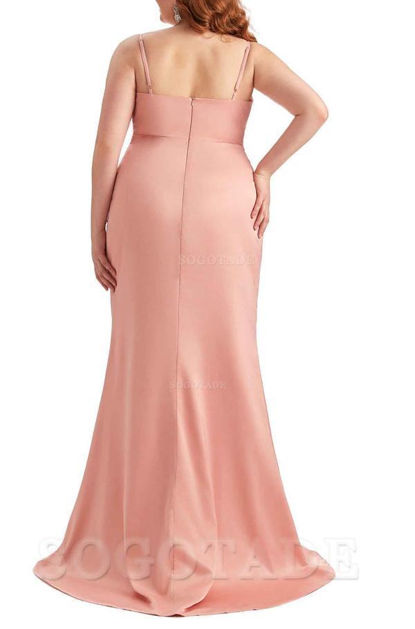 Sexy Side Slit Spaghetti Straps Mermaid Soft Satin Long Plus Size Bridesmaid Dress For Wedding