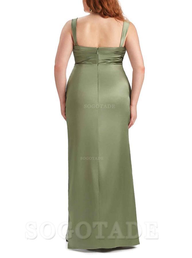 Sexy Side Slit Mermaid Wide Straps Soft Satin Long Plus Size Maid of Bridesmaid Dresses