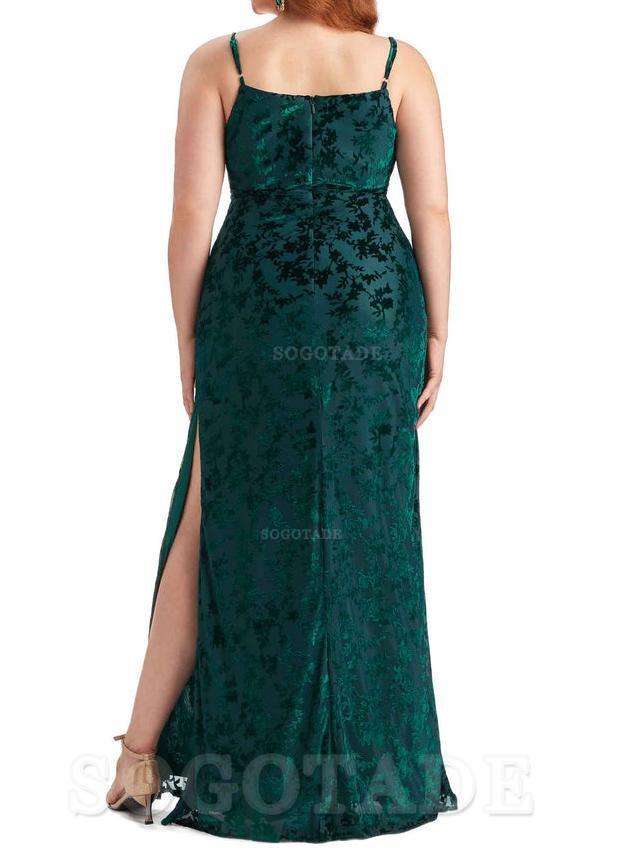 Sexy Side Slit Spaghetti Straps Mermaid Floral Velvet Long Plus Size Bridesmaid Dresses For Wedding