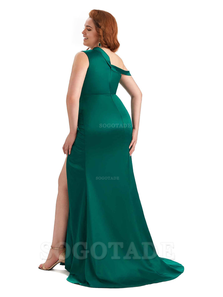 Sexy Mermaid Sleeveless One Shoulder Side Slit Soft Satin Long Plus Size Bridesmaid Dress