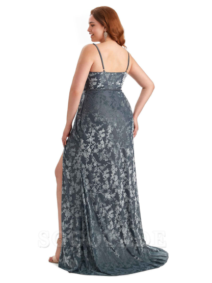 Sexy Side Hight Split Sleeveless Mermaid Spaghetti Straps Floral Velvet Long Plus Size Bridesmaid Gowns