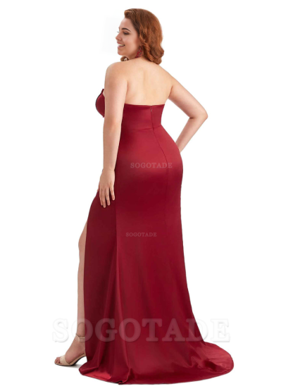 Sexy Side Slit Sleeveless Mermaid Soft Satin Long Plus Size Wedding Party Dresses For Wedding