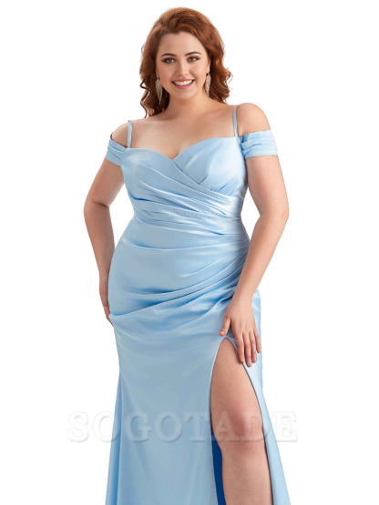 Sexy Side Slit Sleeveless Cold Shoulder Mermaid Soft Satin Long Plus Size Maid of Honor Dresses