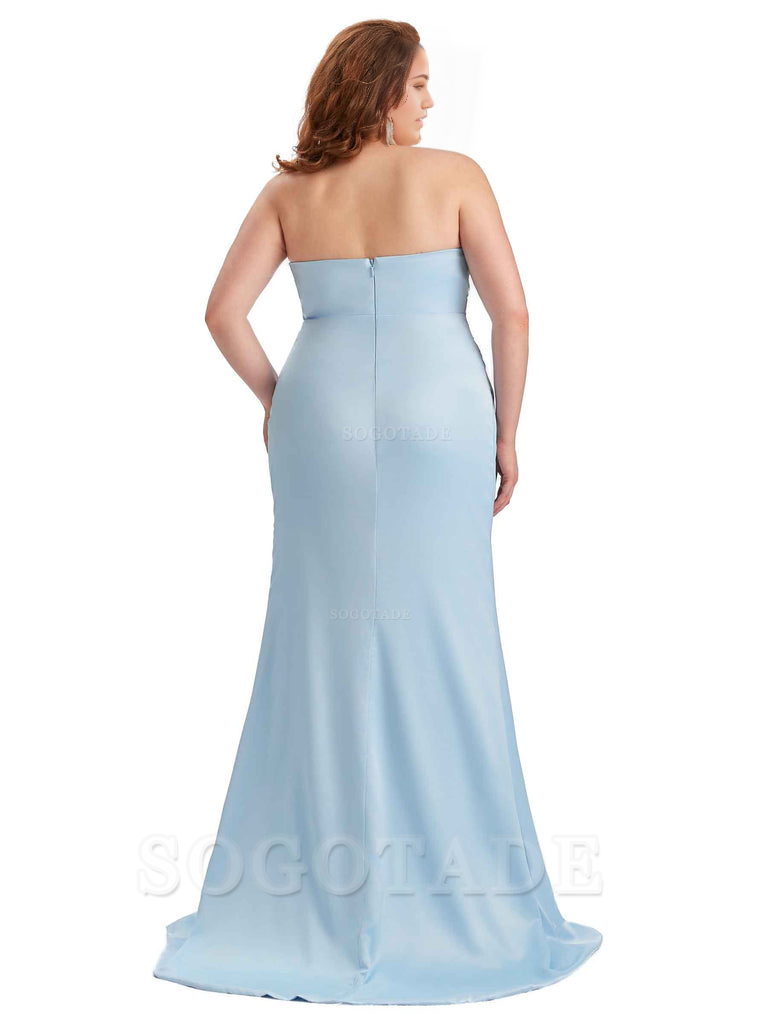 Sexy Side Slit Sleeveless Strapless Mermaid Soft Satin Long Plus Size Bridesmaid Dresses For Wedding