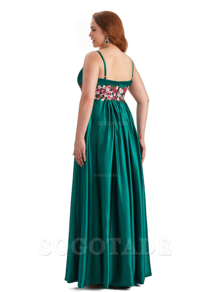 Unique Lace Spaghetti Straps Sleeveless Soft Satin Long Plus Size Bridesmaid Dress For Wedding