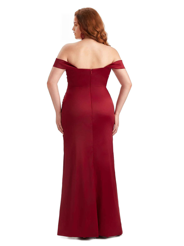 Sexy Off The Shoulder Sleeveless Side Slit Mermaid Soft Satin Long Plus Size Bridesmaid Dresses