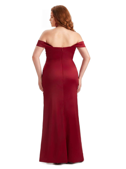 Sexy Off The Shoulder Sleeveless Side Slit Mermaid Soft Satin Long Plus Size Bridesmaid Dresses