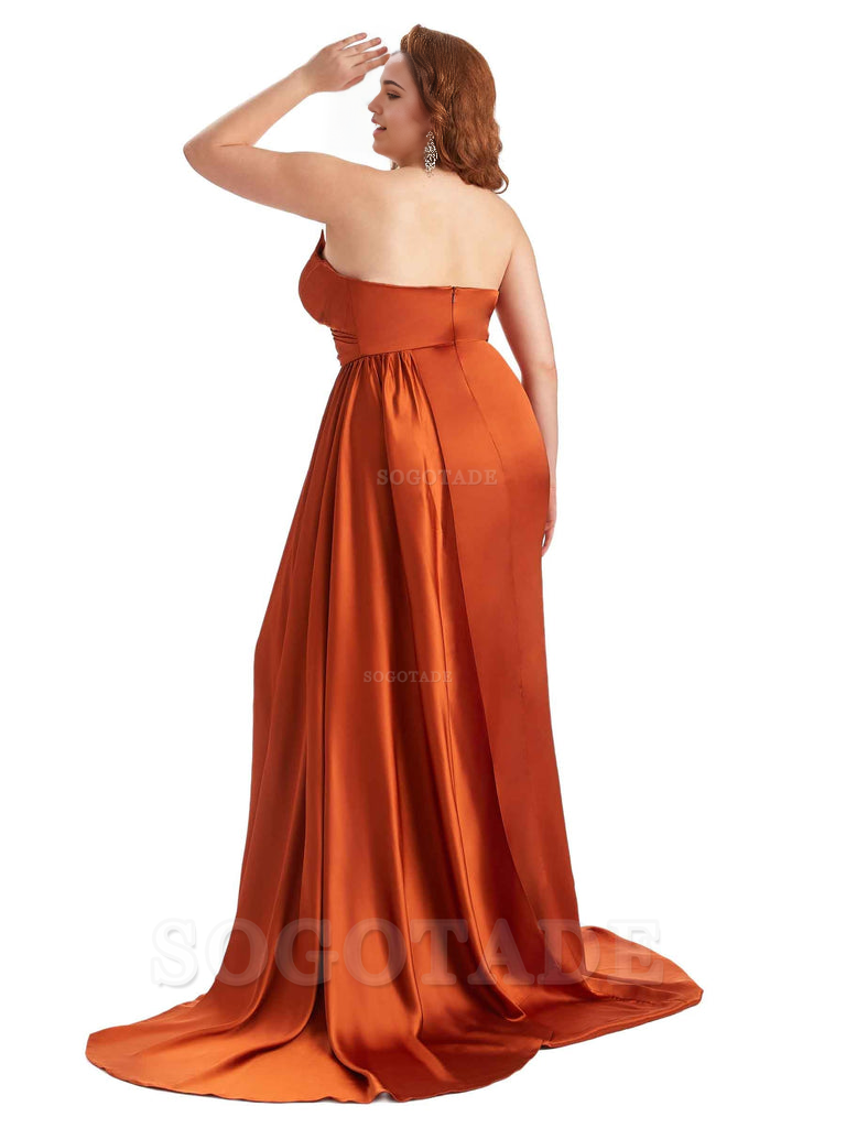Sexy V-neck Side Slit Sleeveless Mermaid Soft Satin Long Plus Size Bridesmaid Gowns