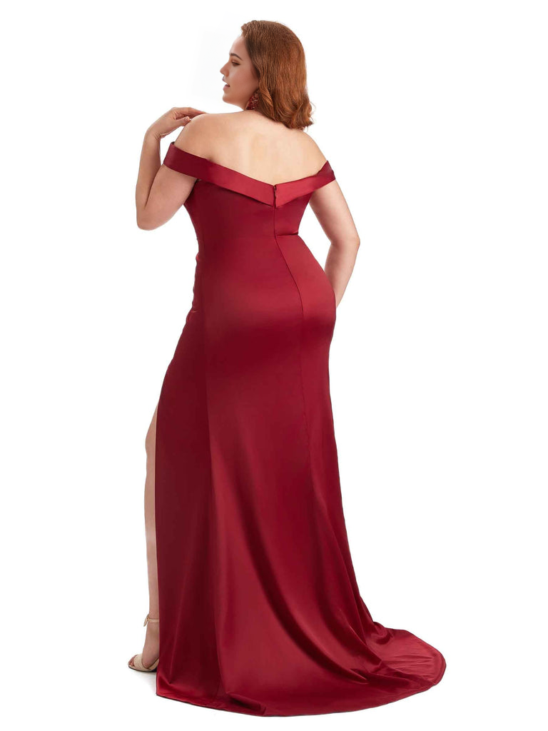Elegant Off The Shoulder Sleeveless Side Slit Mermaid Soft Satin Long Plus Size Bridesmaid Gowns