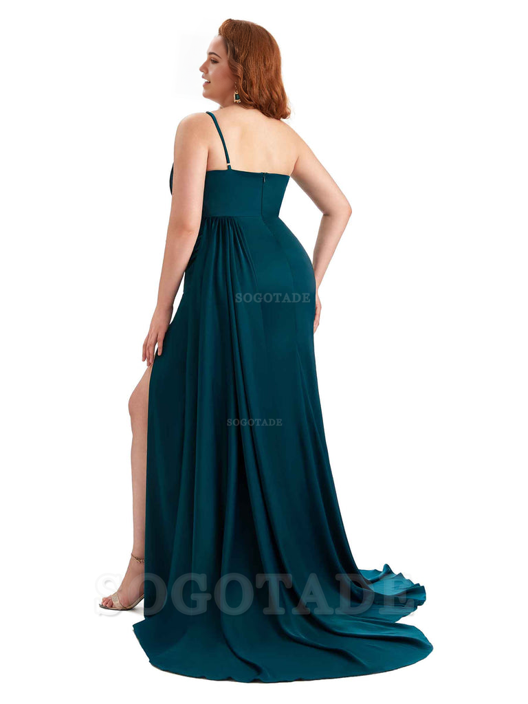 One Shoulder Sleeveless Sexy Side Slit Mermaid Soft Satin Long Plus Size Bridesmaid Dresses Online