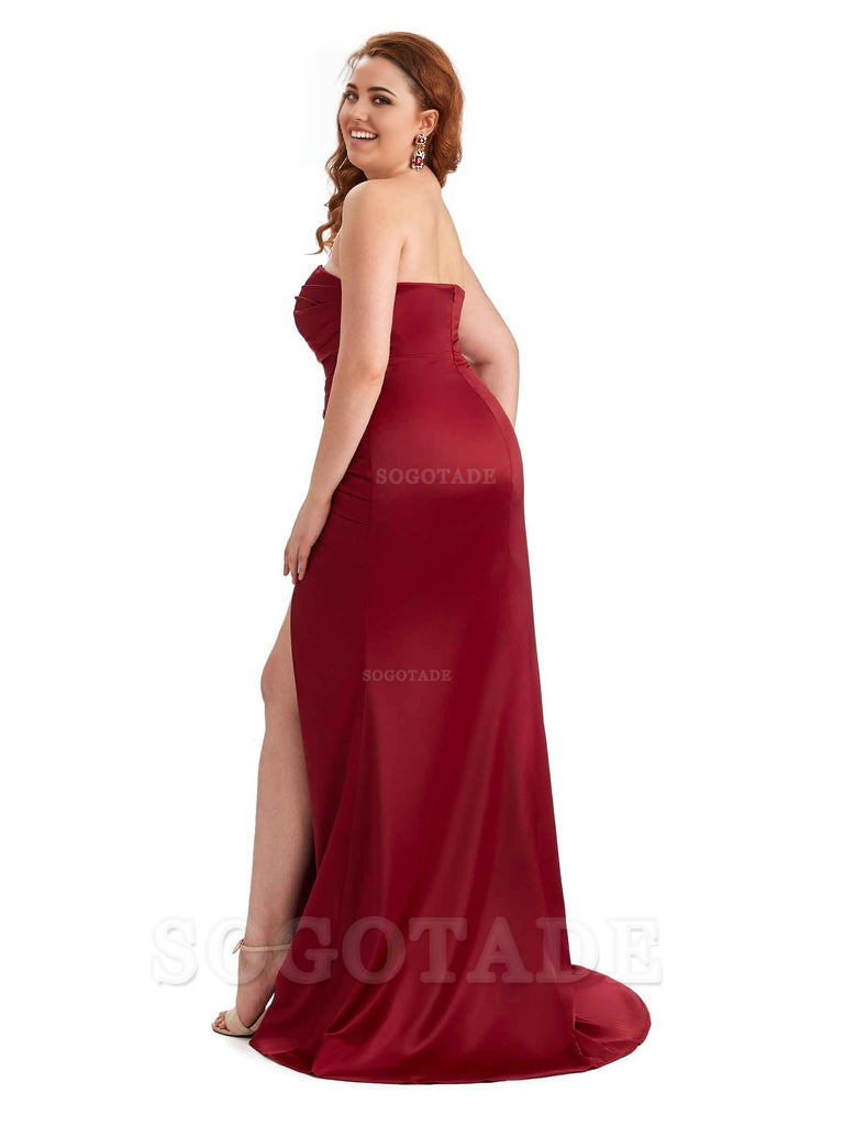 Sexy Side Slit Sleeveless Mermaid Soft Satin Long Plus Size Bridesmaid Dress For Wedding