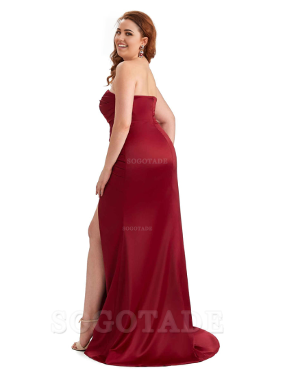 Sexy Side Slit Sleeveless Mermaid Soft Satin Long Plus Size Bridesmaid Dress For Wedding