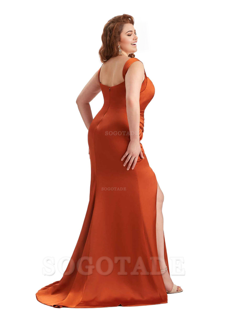Sexy Side Slit Sleeveless Mermaid Straps Soft Satin Long Plus Size Maid of Bridesmaid Dresses