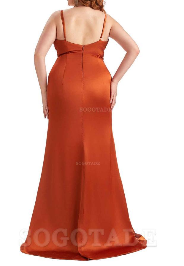 Sexy Spaghetti Straps Side Slit Sleeveless Mermaid Soft Satin Long Bridesmaid Dress Plus Size Dress To Wear to a Wedding