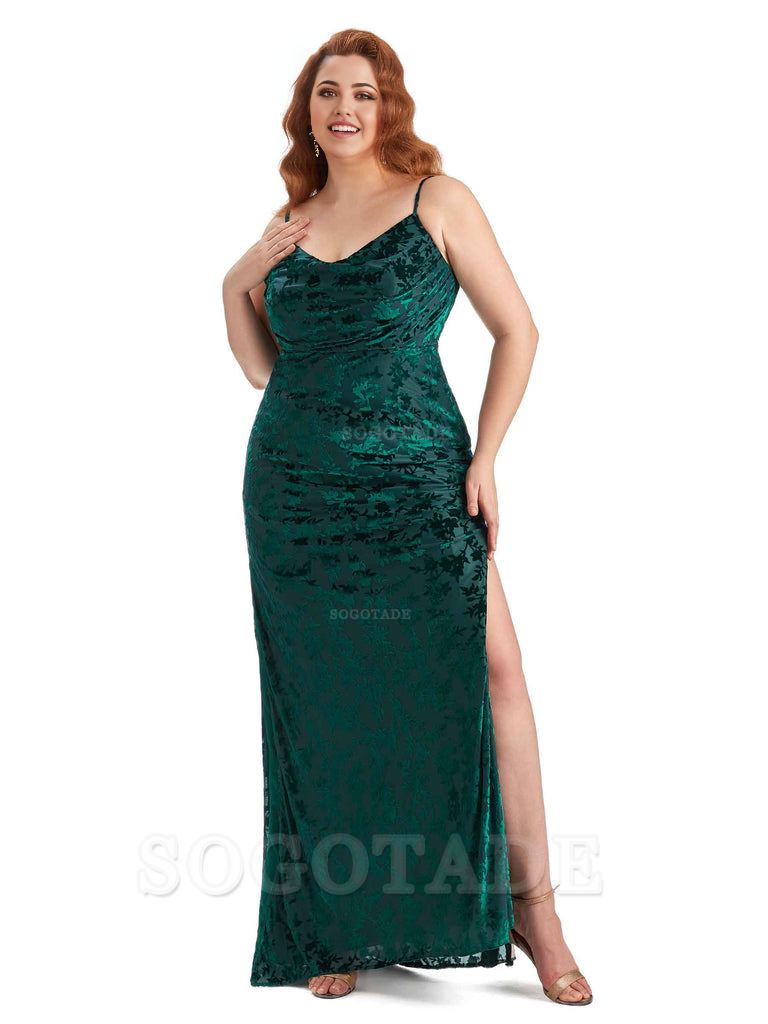 Sexy Side Slit Spaghetti Straps Mermaid Floral Velvet Long Plus Size Bridesmaid Dresses For Wedding