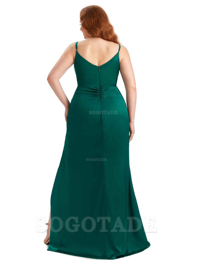 Sexy Side Slit Spaghetti Straps Sleeveless Mermaid V-neck Soft Satin Long Plus Size Bridesmaid Dress For Wedding