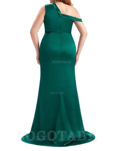 Sexy Mermaid Sleeveless One Shoulder Side Slit Soft Satin Long Plus Size Bridesmaid Dress