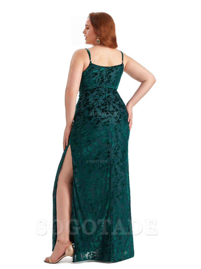 Sexy Side Slit Spaghetti Straps Mermaid Floral Velvet Long Plus Size Bridesmaid Dresses For Wedding