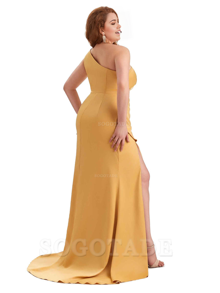 Sexy Unique Sleeveless One Shoulder Side Hight Slit Mermaid Soft Satin Long Plus Size Maid of Honour Dresses