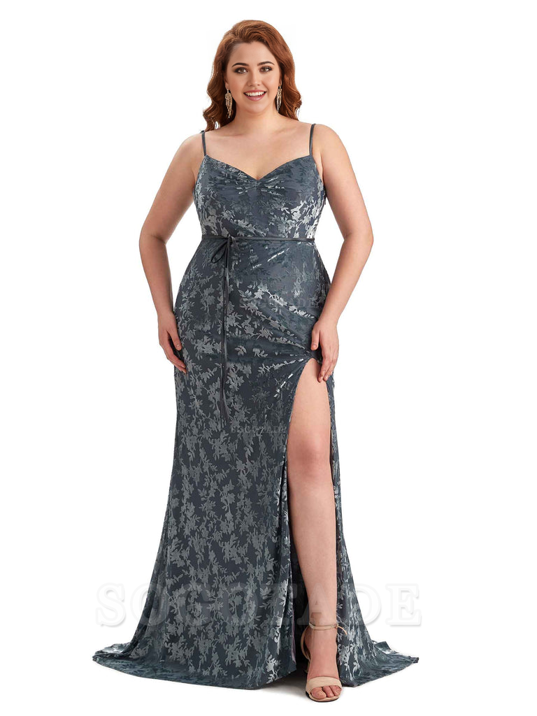 Sexy Side Hight Split Sleeveless Mermaid Spaghetti Straps Floral Velvet Long Plus Size Bridesmaid Gowns