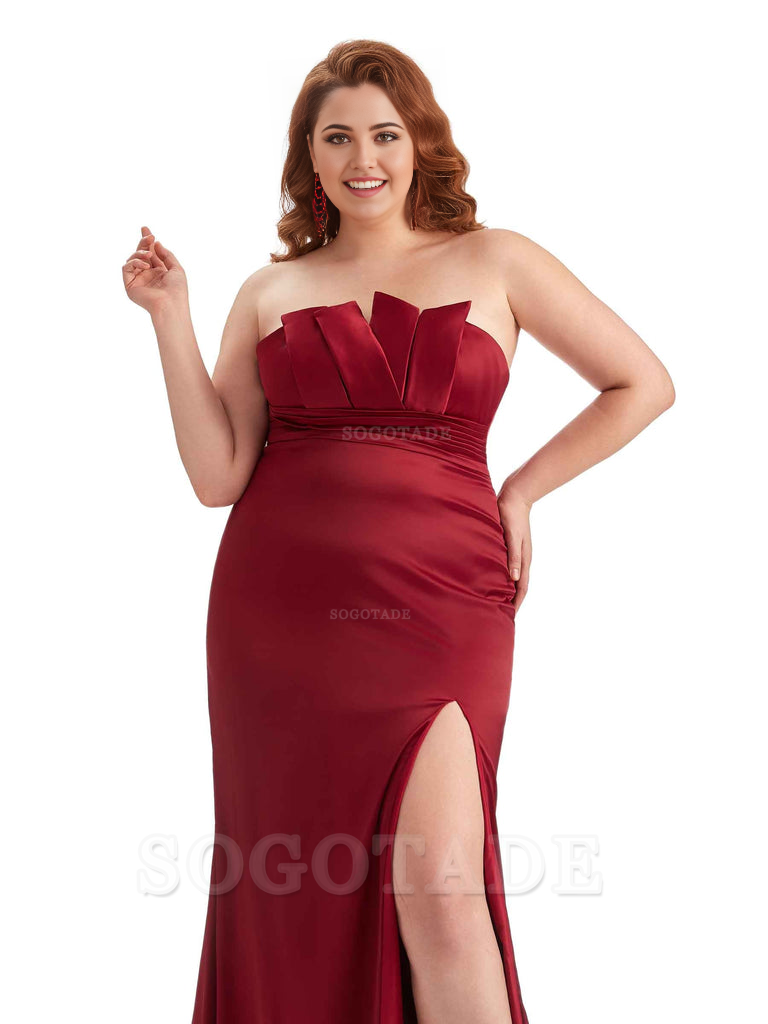 Sexy Side Slit Sleeveless Mermaid Soft Satin Long Plus Size Wedding Party Dresses For Wedding