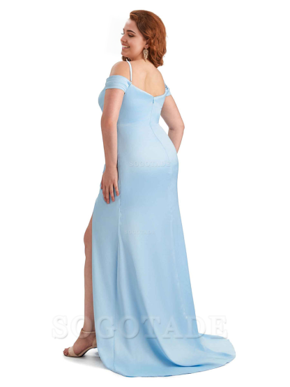 Sexy Side Slit Sleeveless Cold Shoulder Mermaid Soft Satin Long Plus Size Maid of Honor Dresses