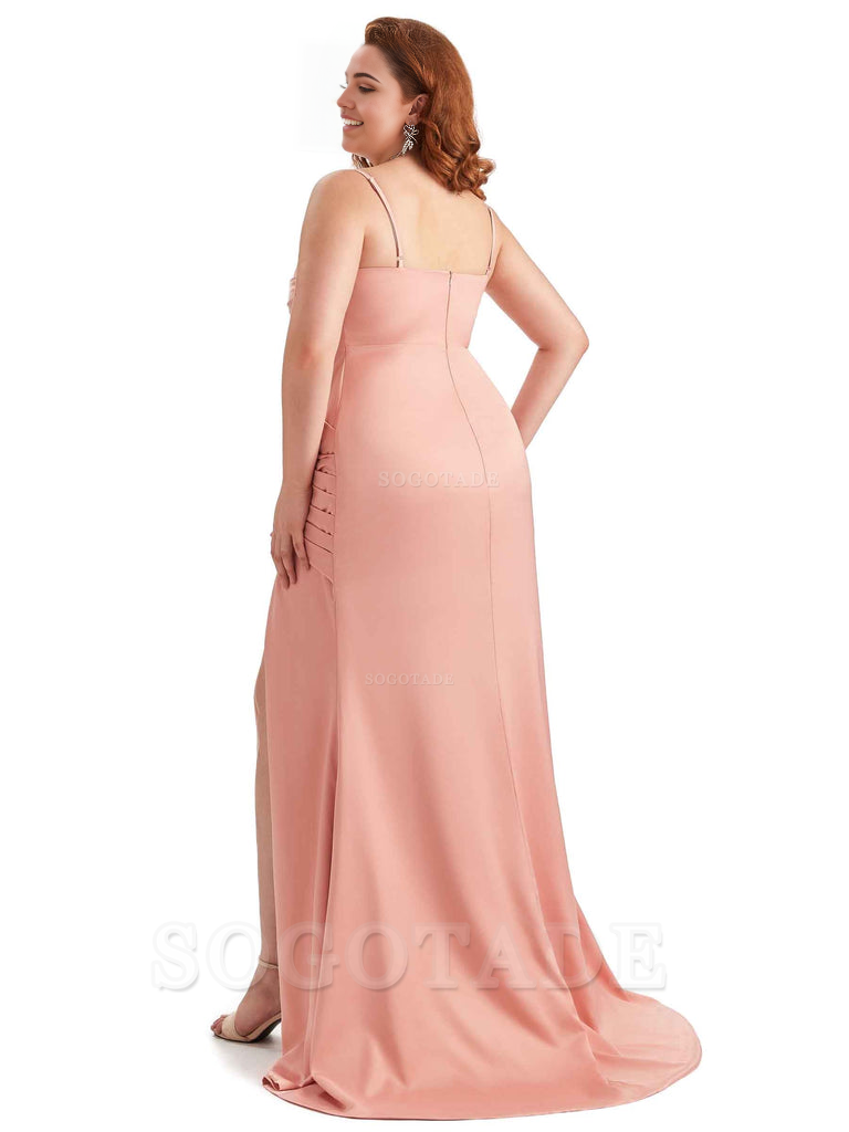 Sexy Side Slit Spaghetti Straps Mermaid Soft Satin Long Plus Size Bridesmaid Dress For Wedding