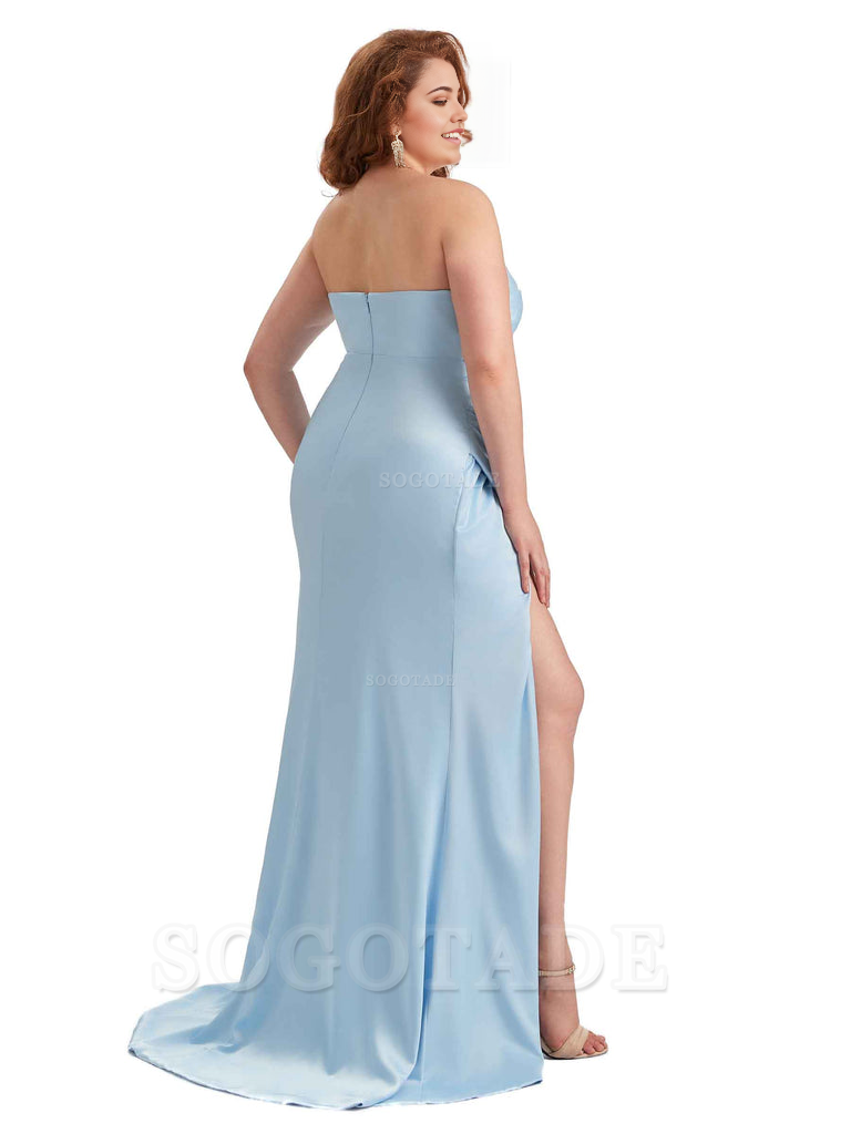 Sexy Side Slit Sleeveless Strapless Mermaid Soft Satin Long Plus Size Bridesmaid Dresses For Wedding