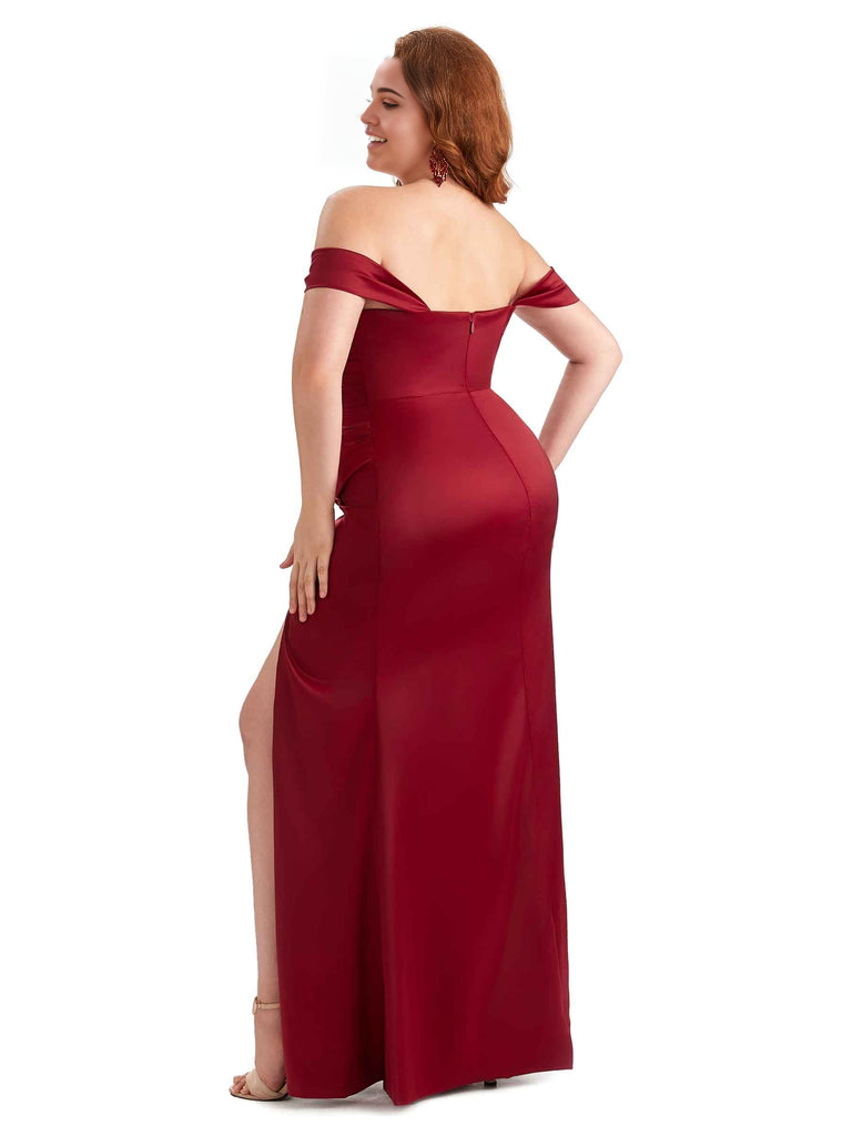 Sexy Off The Shoulder Sleeveless Side Slit Mermaid Soft Satin Long Plus Size Bridesmaid Dresses
