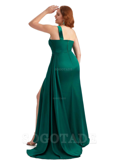  One Shoulder Sleeveless Sexy Side Hight Slit Mermaid Soft Satin Long Plus Size Bridesmaid Gowns