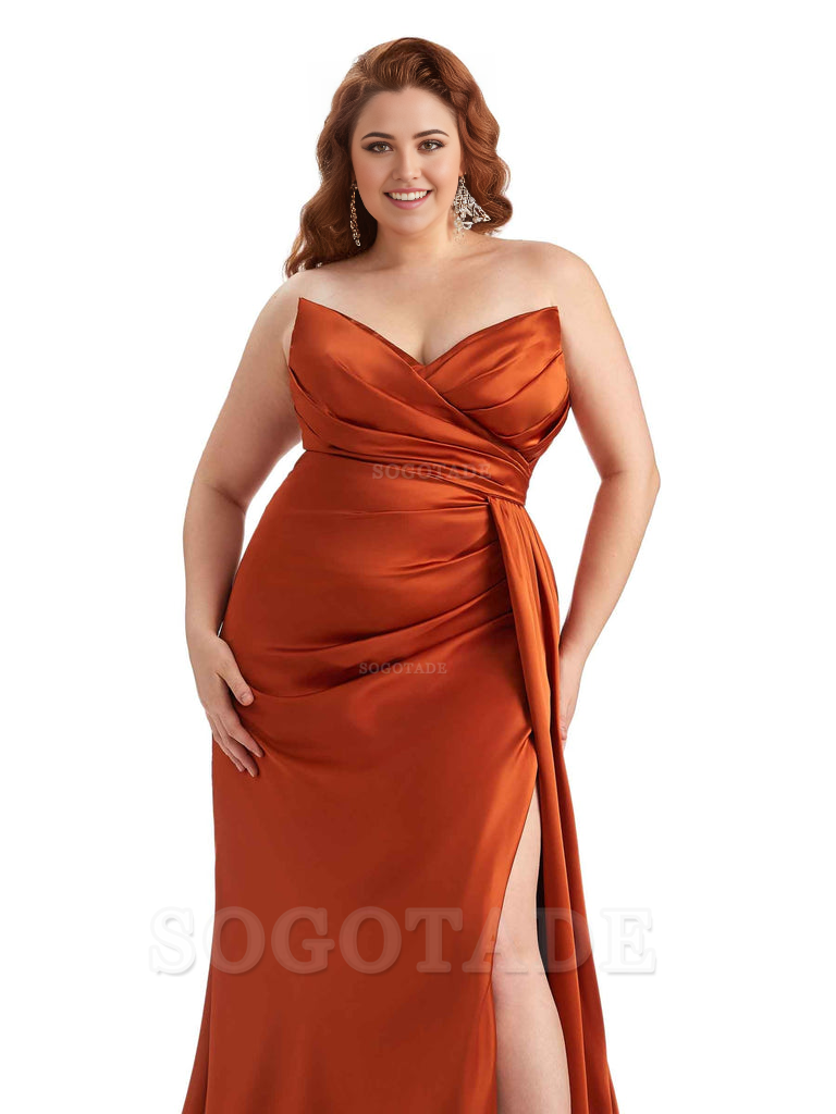 Sexy V-neck Side Slit Sleeveless Mermaid Soft Satin Long Plus Size Bridesmaid Gowns