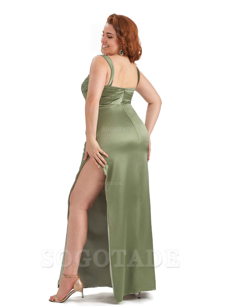 Sexy Side Slit Mermaid Wide Straps Soft Satin Long Plus Size Maid of Bridesmaid Dresses
