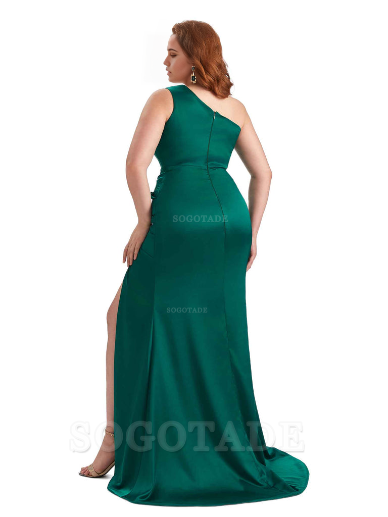 One Shoulder Sexy Side Slit Sleeveless Mermaid Soft Satin Long Plus Size Bridesmaid Dress For Wedding