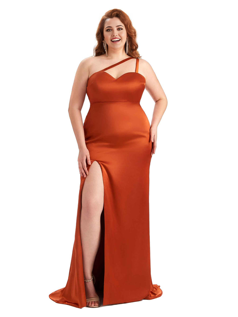 Sexy Side Slit Sleeveless Mermaid One Shoulder Soft Satin Long Plus Size Bridesmaid Dress For Wedding
