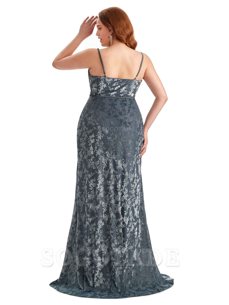 Sexy Side Hight Split Sleeveless Mermaid Spaghetti Straps Floral Velvet Long Plus Size Bridesmaid Gowns