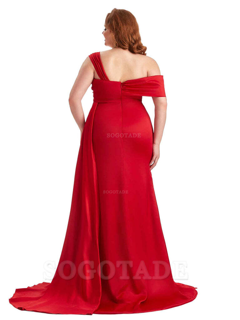 Sexy Side Hight Slit One Shoulder Mermaid Soft Satin Long Plus Size With Train Matron of Honor Dresses