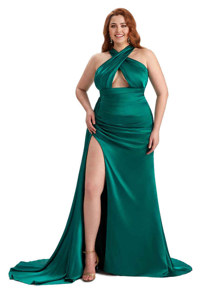 Sexy Halter Side Hight Slit Sleeveless Mermaid Soft Satin Long Plus Size Bridesmaid Dress For Wedding