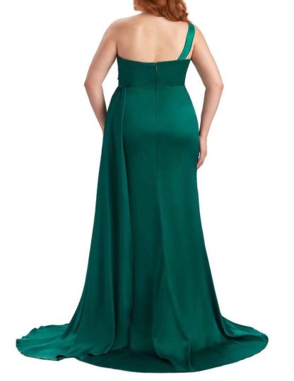 Sexy One Shoulder Sleeveless Mermaid Soft Satin Long Plus Size With Train Bridesmaid Gowns