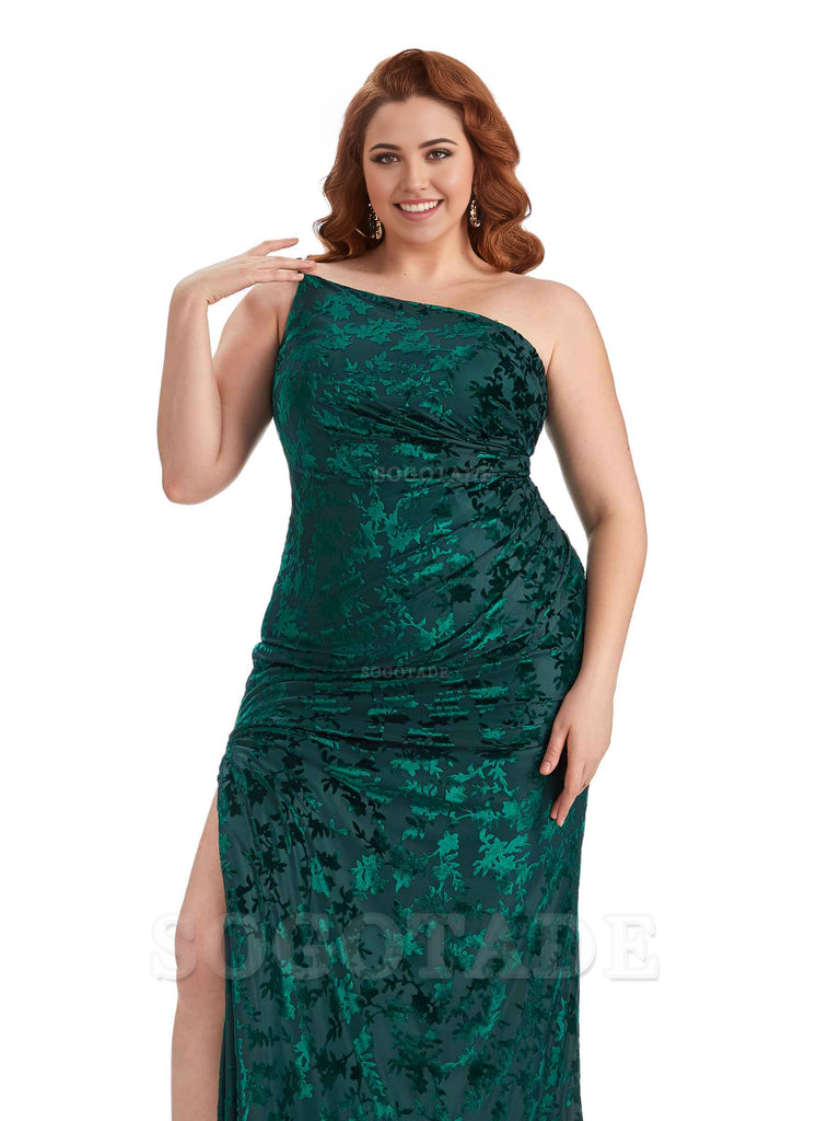 Sexy Mermaid Sleeveless One Shoulder Side Slit Floral Velvet Long Plus Size Bridesmaid Dresses