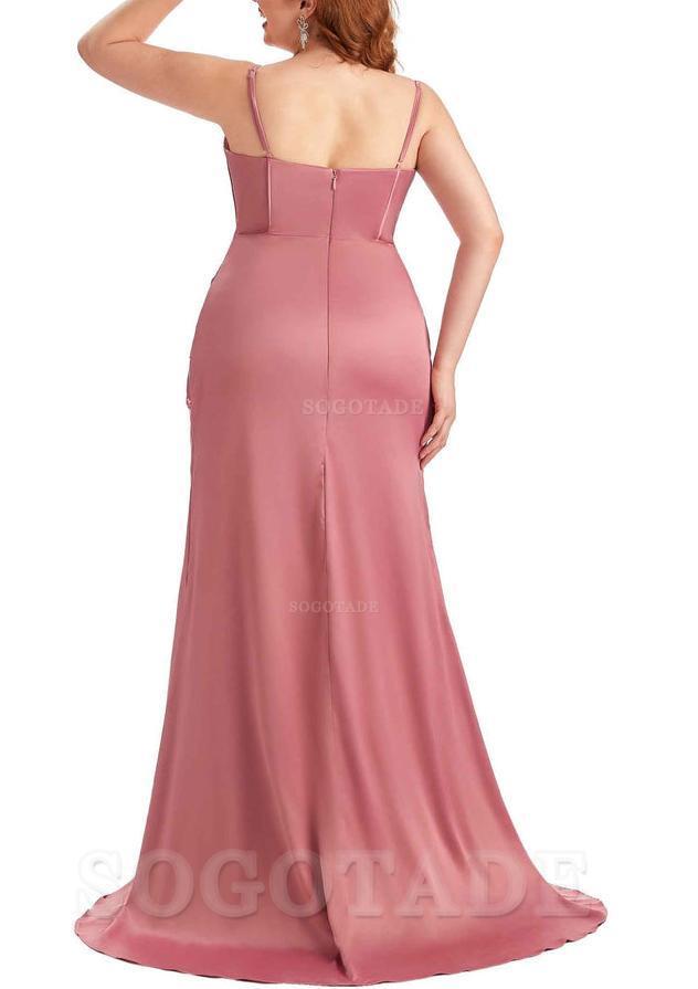 Sexy Spaghetti Straps Side Slit Mermaid Soft Satin Pleated Floor Length Long Plus Size Bridesmaid Dress