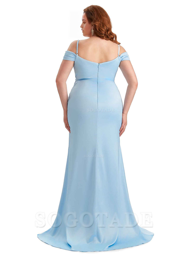 Sexy Side Slit Sleeveless Cold Shoulder Mermaid Soft Satin Long Plus Size Maid of Honor Dresses