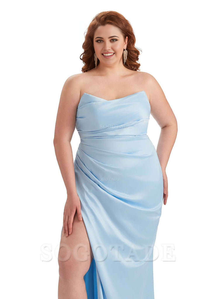 Sexy Side Slit Sleeveless Strapless Mermaid Soft Satin Long Plus Size Bridesmaid Dresses For Wedding
