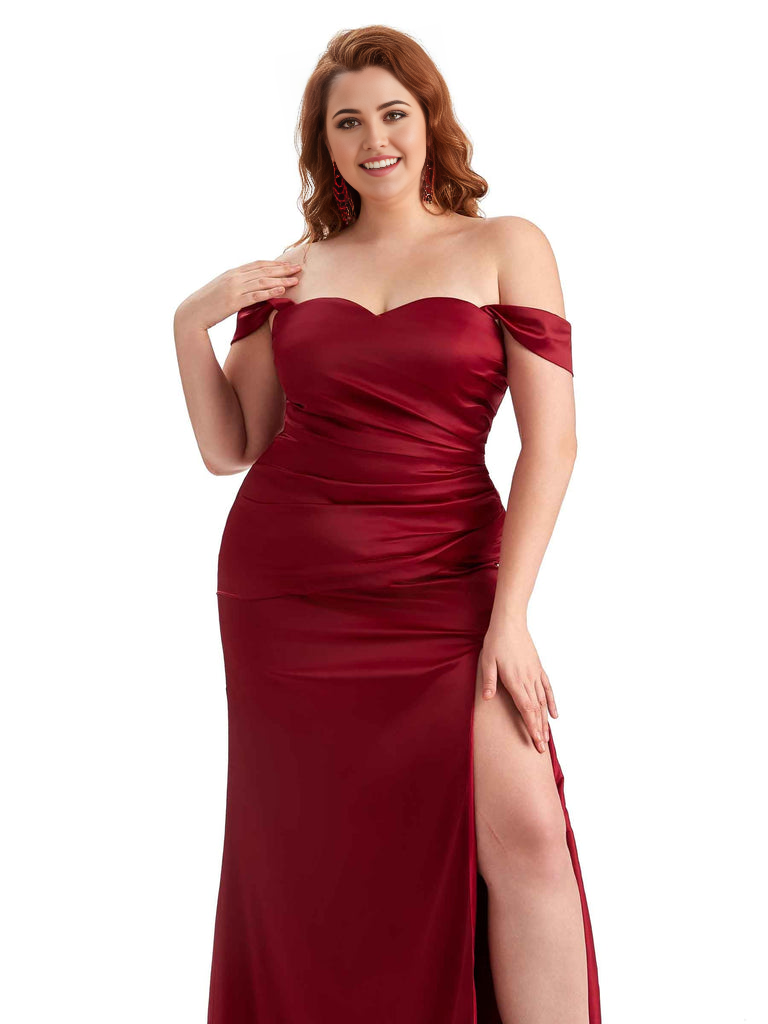 Sexy Off The Shoulder Sleeveless Side Slit Mermaid Soft Satin Long Plus Size Bridesmaid Dresses