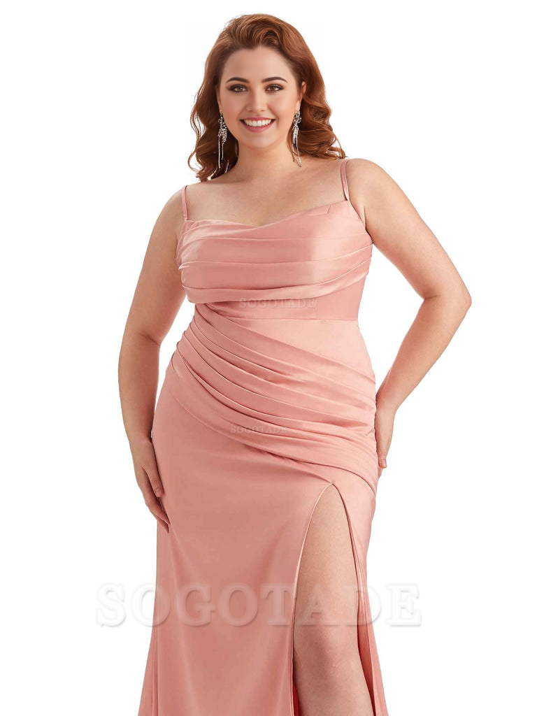 Sexy Side Slit Spaghetti Straps Mermaid Soft Satin Long Plus Size Bridesmaid Dress For Wedding