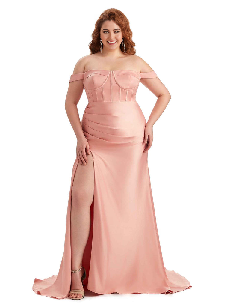 Elegant Off The Shoulder Side Slit Mermaid Soft Satin Floor Length Long Plus Size Bridesmaid Gowns