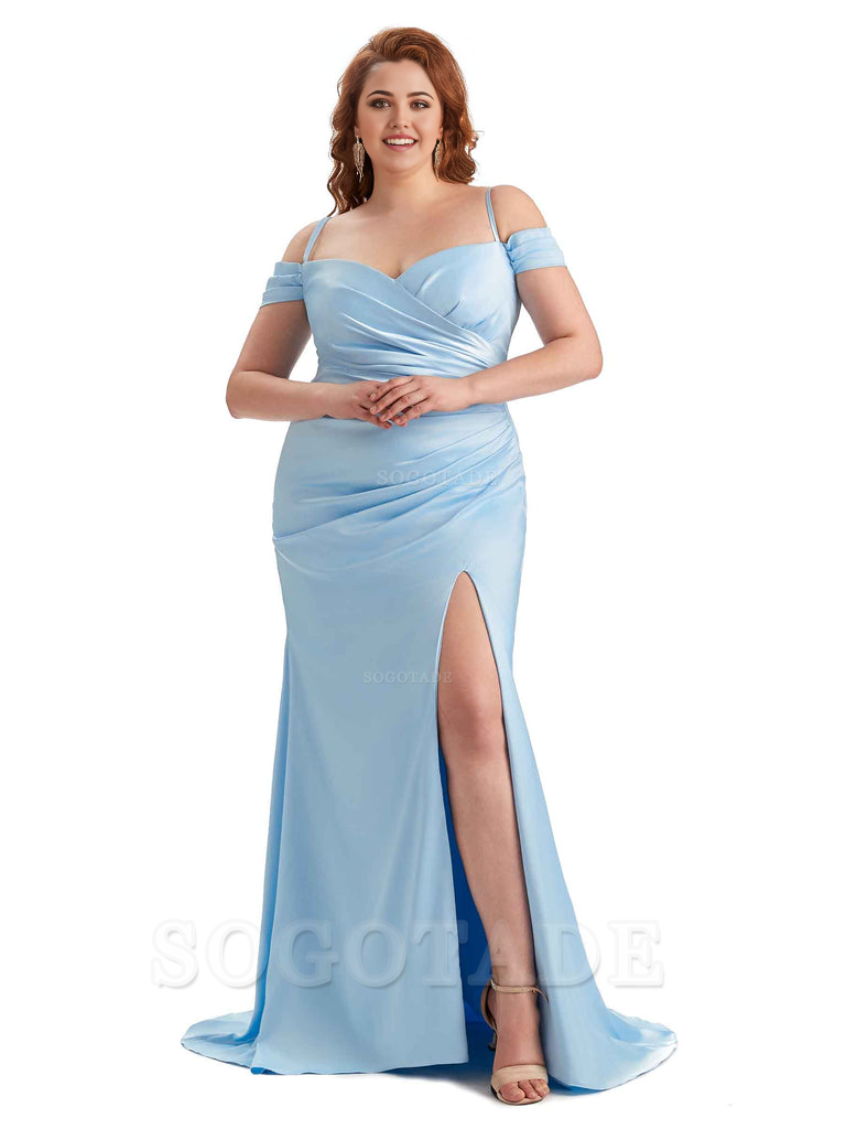 Sexy Side Slit Sleeveless Cold Shoulder Mermaid Soft Satin Long Plus Size Maid of Honor Dresses