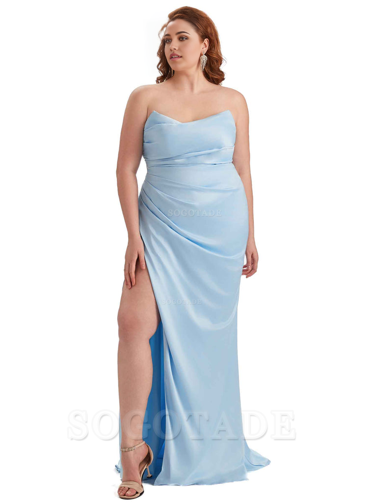 Sexy Side Slit Sleeveless Strapless Mermaid Soft Satin Long Plus Size Bridesmaid Dresses For Wedding