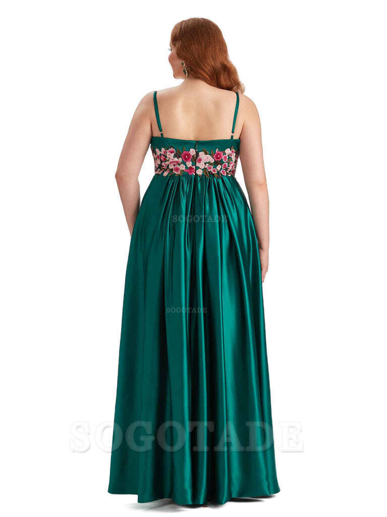 Unique Lace Spaghetti Straps Sleeveless Soft Satin Long Plus Size Bridesmaid Dress For Wedding