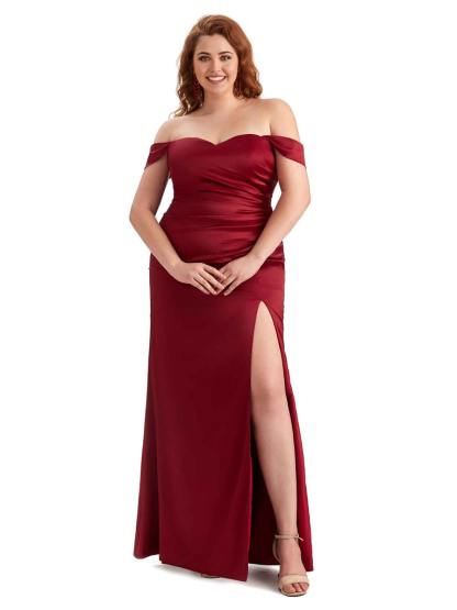 Sexy Off The Shoulder Sleeveless Side Slit Mermaid Soft Satin Long Plus Size Bridesmaid Dresses