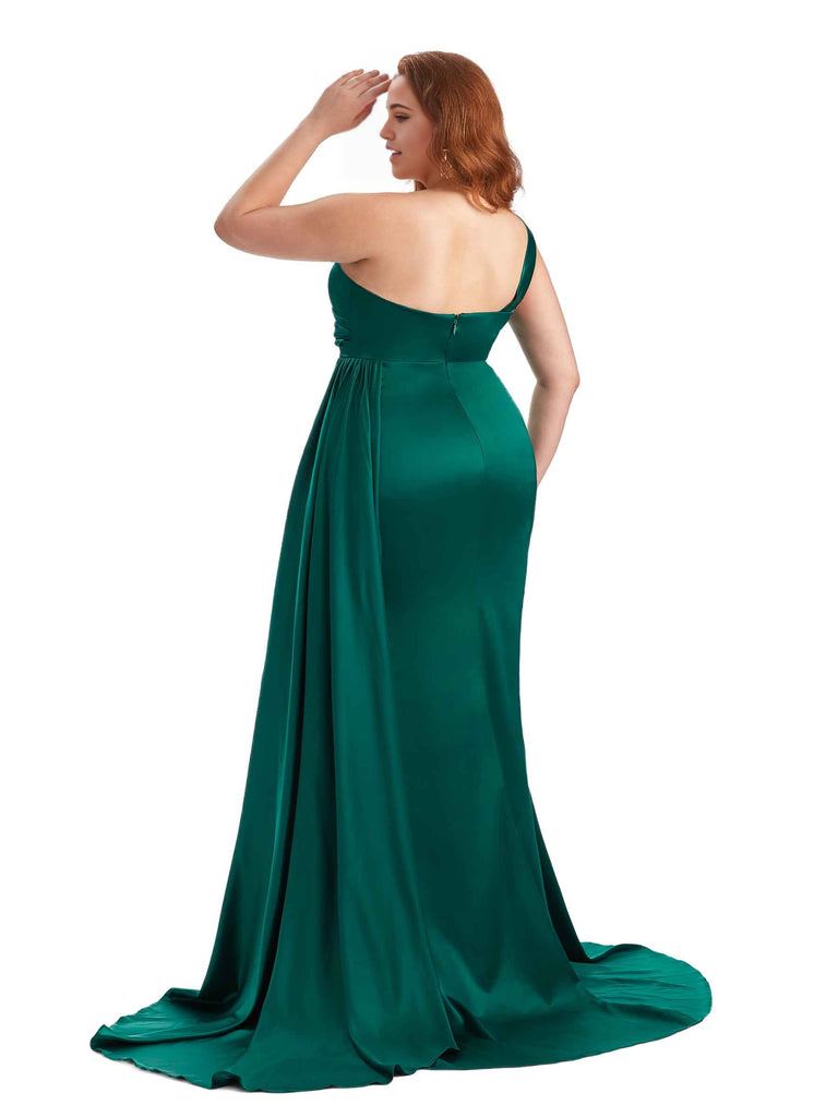 Sexy One Shoulder Sleeveless Mermaid Soft Satin Long Plus Size With Train Bridesmaid Gowns